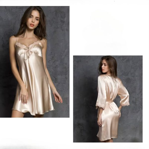 High Quality Three Quarter Sleeve V-neck Two Pieces Silk Robes Set - Image 3