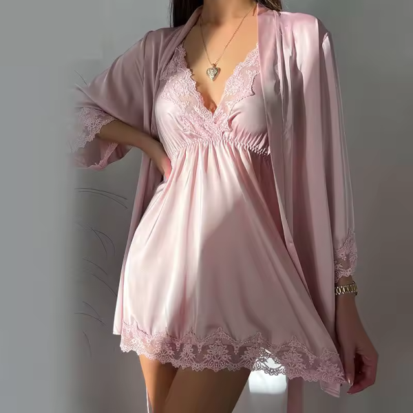 Lace Robe Suit Sleepwear Nightgown Loungewear Rayon Nightdress - Image 10