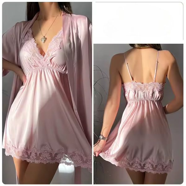 Lace Robe Suit Sleepwear Nightgown Loungewear Rayon Nightdress - Image 3