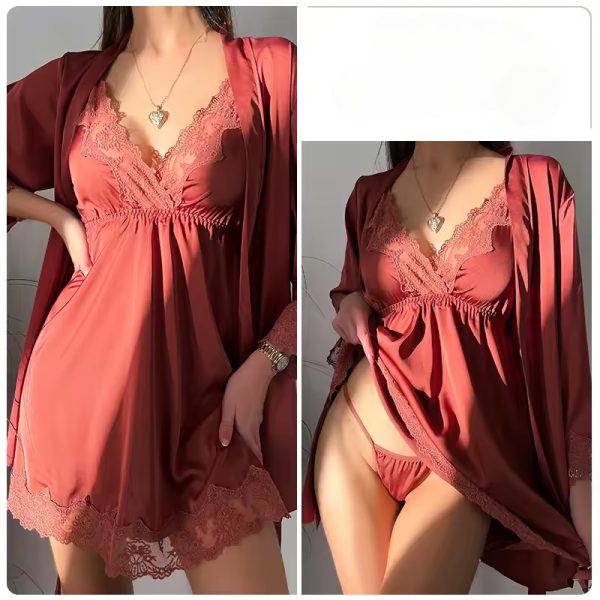 Lace Robe Suit Sleepwear Nightgown Loungewear Rayon Nightdress - Image 4