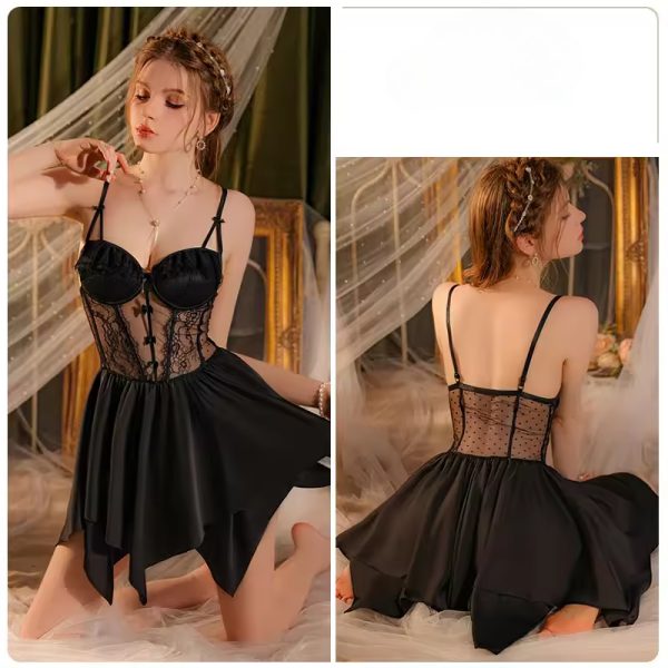 Fashion Satin Mini Night Dress Lower Back Nightgowns Set - Image 2