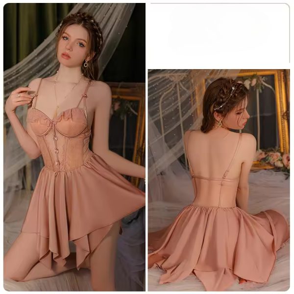 Fashion Satin Mini Night Dress Lower Back Nightgowns Set - Image 4