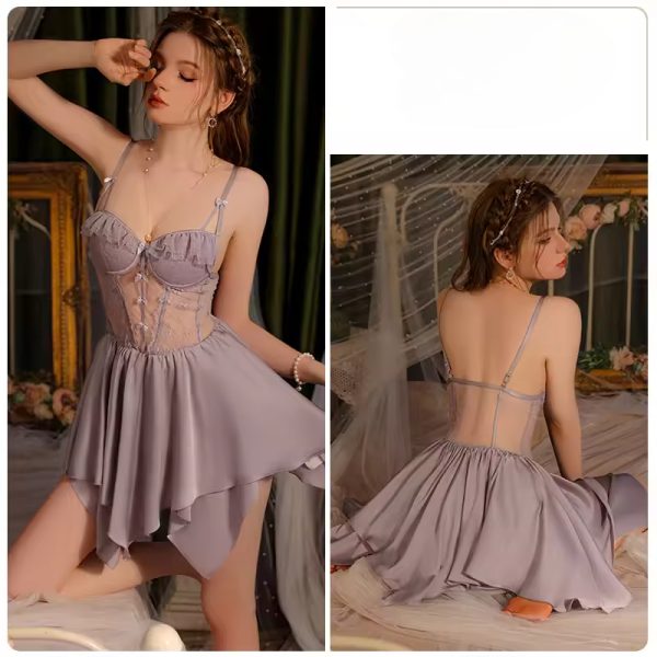 Fashion Satin Mini Night Dress Lower Back Nightgowns Set - Image 5