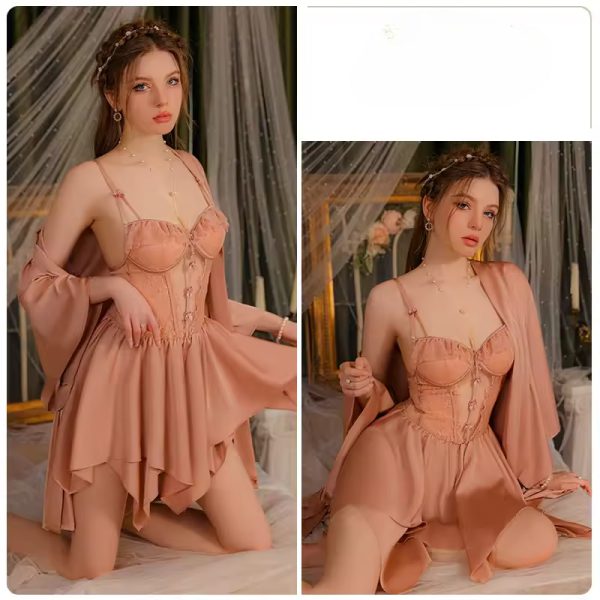 Fashion Satin Mini Night Dress Lower Back Nightgowns Robe Set - Image 6