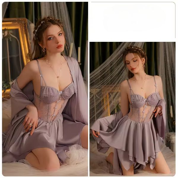 Fashion Satin Mini Night Dress Lower Back Nightgowns Robe Set - Image 4