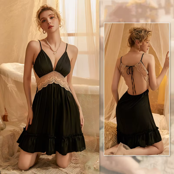 Sleep Satin Suit V-Neck Nightwear Lace Robe and Nightgown set - Image 5