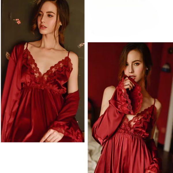 Lace openwork ice silk sling V-neck halter robe and nightdress set - Image 2