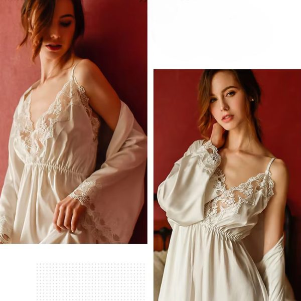 Lace openwork ice silk sling V-neck halter robe and nightdress set - Image 4