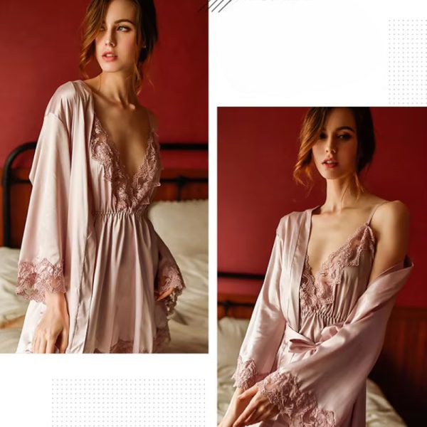 Lace openwork ice silk sling V-neck halter robe and nightdress set - Image 5