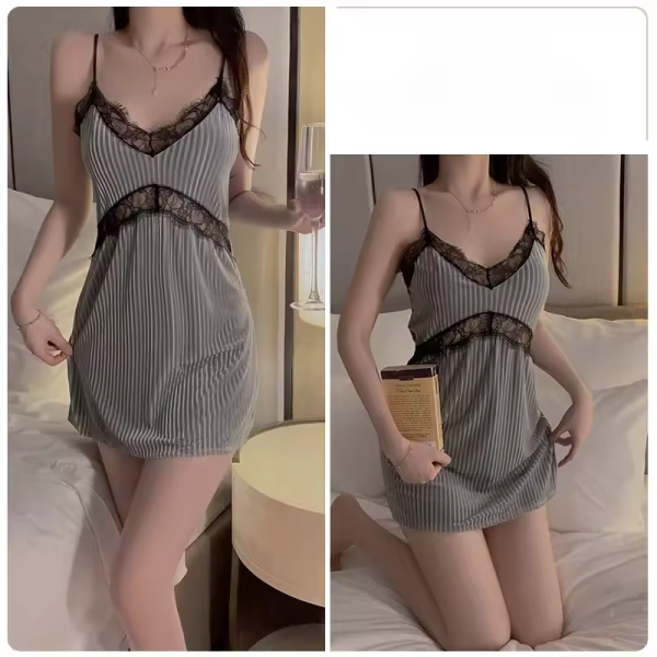 Suspender Simple Lace-up Nightgown Underwear Pajamas Set - Image 11