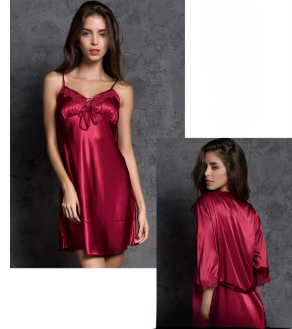 High Quality Three Quarter Sleeve V-neck Two Pieces Silk Robes Set - Image 4