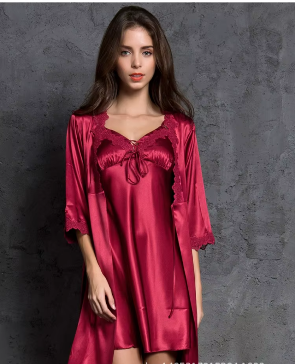 High Quality Three Quarter Sleeve V-neck Two Pieces Silk Robes Set - Image 5