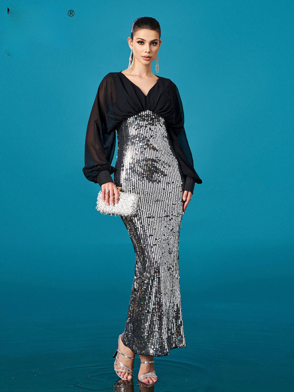 Luxury V Neck Panel Long Sleeved Sequin Mermaid Dress