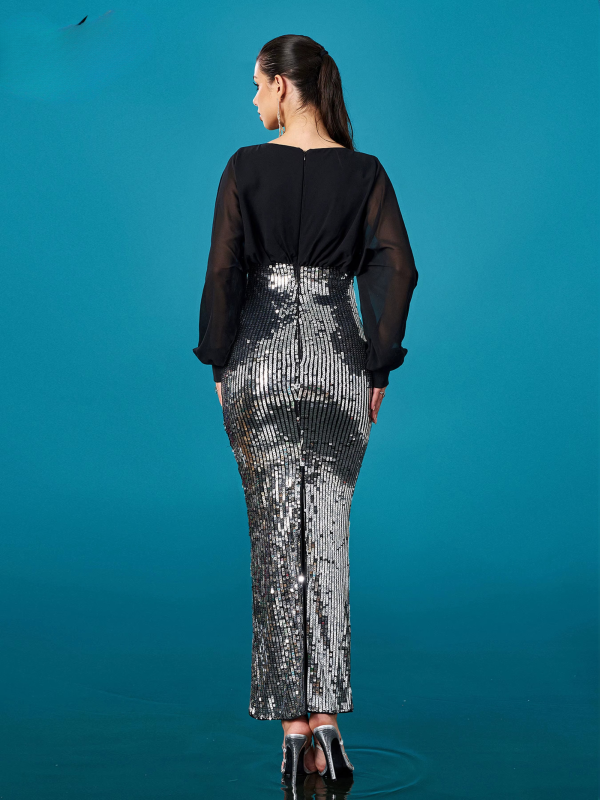 Luxury V Neck Panel Long Sleeved Sequin Mermaid Dress - Image 6