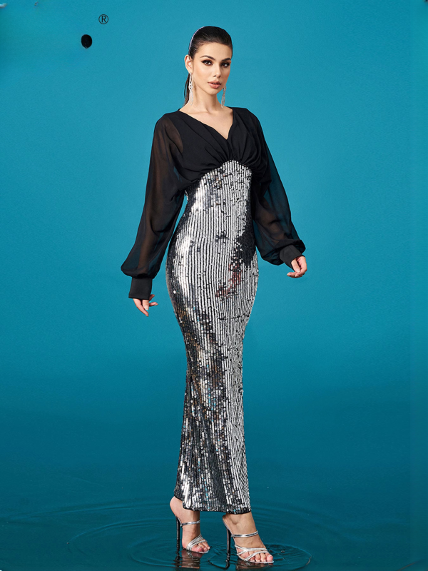 Luxury V Neck Panel Long Sleeved Sequin Mermaid Dress - Image 3