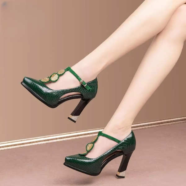 Classics Geometric T-strap Genuine Leather Platform High Heels - Image 2