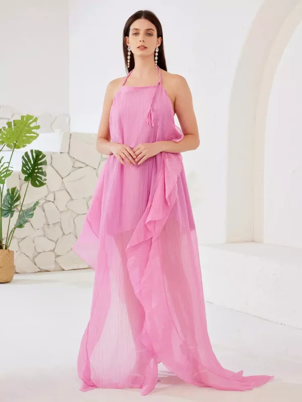 Elegant Halter Neck Open Back Flowing Sleeveless Maxi Dress