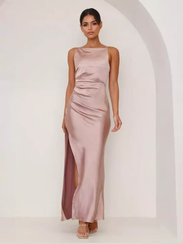 Elegant Open Back Open Shoulder Slit Sleeveless Maxi Dress - Image 3