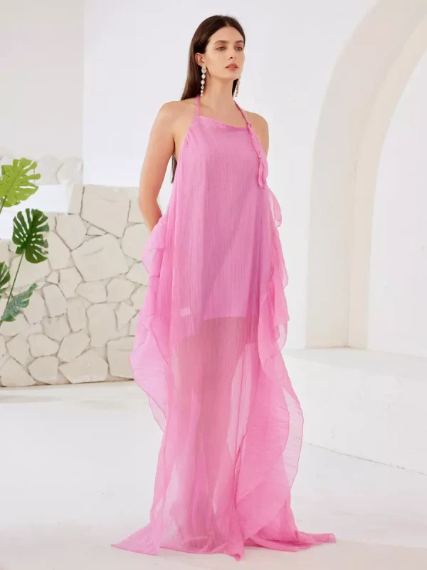 Elegant Halter Neck Open Back Flowing Sleeveless Maxi Dress - Image 2