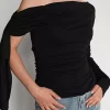 Asymmetrical One Shoulder Long Sleeve Ruched Tops - Image 2