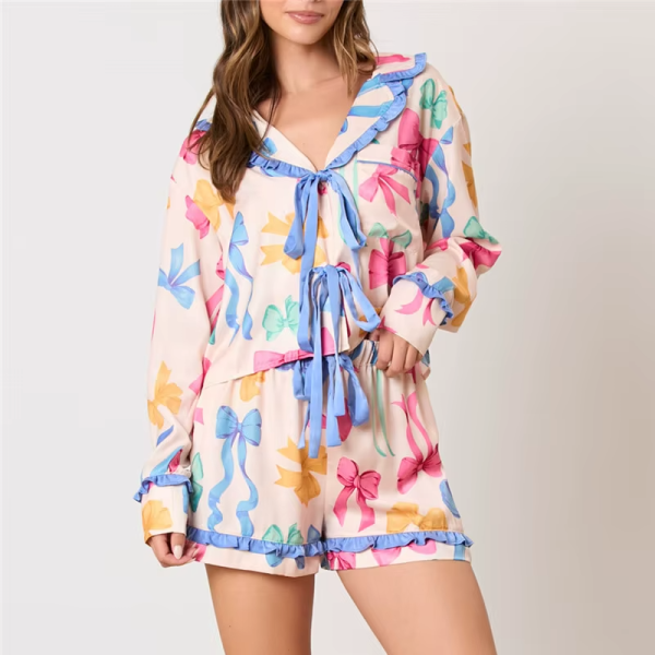 Bow Floral Print Lounge Sets Long Sleeve Shirts Shorts Pajamas Sleepwear Set