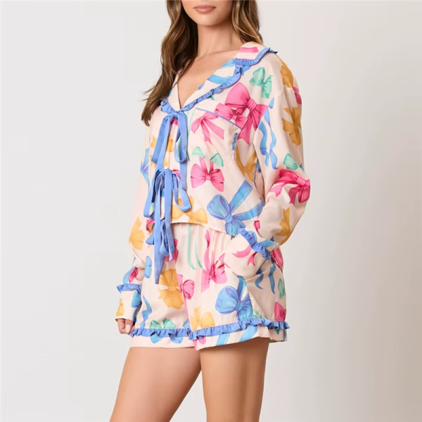 Bow Floral Print Lounge Sets Long Sleeve Shirts Shorts Pajamas Sleepwear Set - Image 5