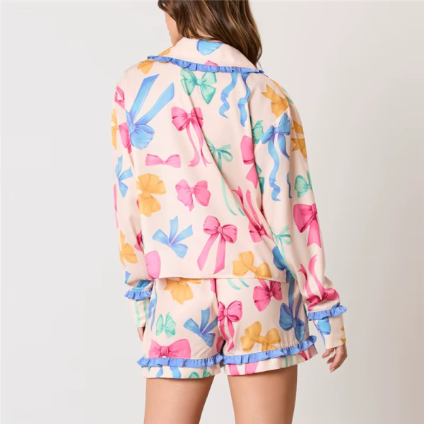 Bow Floral Print Lounge Sets Long Sleeve Shirts Shorts Pajamas Sleepwear Set - Image 4