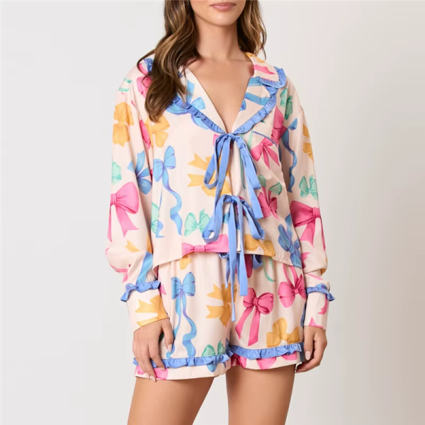 Bow Floral Print Lounge Sets Long Sleeve Shirts Shorts Pajamas Sleepwear Set - Image 3