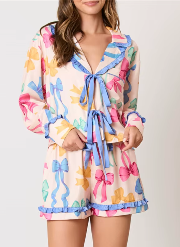 Bow Floral Print Lounge Sets Long Sleeve Shirts Shorts Pajamas Sleepwear Set - Image 2