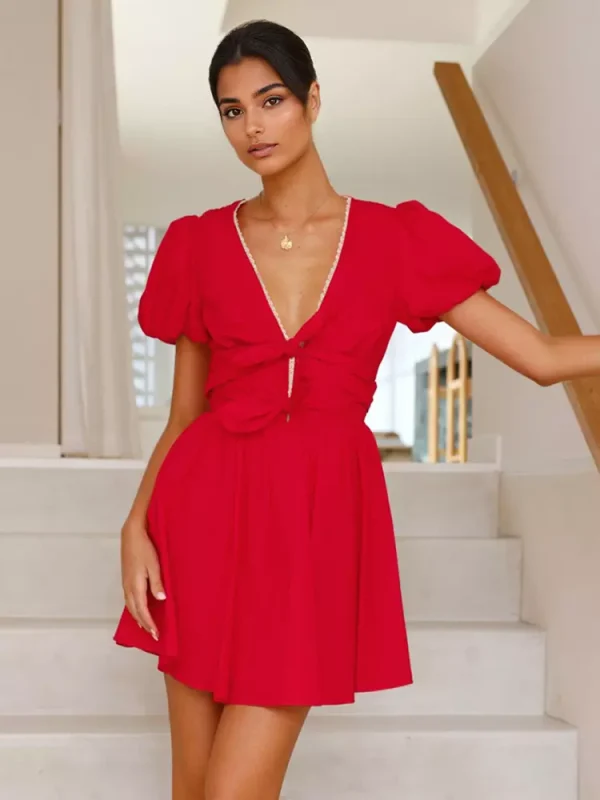 Casual Bow Front V-neck Zipper A-line Puff Sleeves Mini Dress