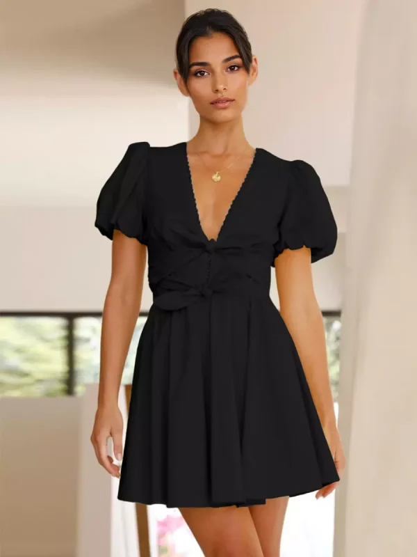 Casual Bow Front V-neck Zipper A-line Puff Sleeves Mini Dress - Image 5