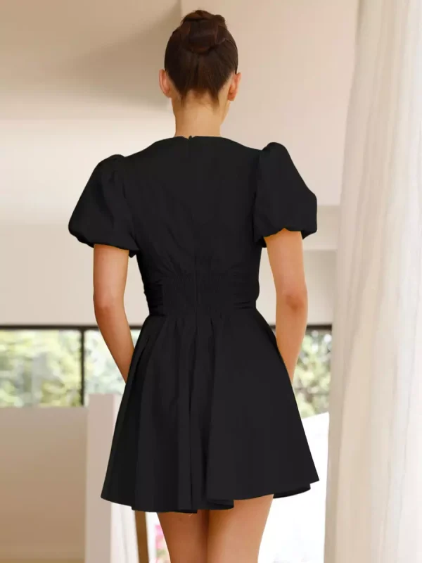 Casual Bow Front V-neck Zipper A-line Puff Sleeves Mini Dress - Image 6