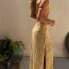 Casual Cutout Waist V-neck Open Back Boho Tie-Dye Maxi Slit Dress - Image 3
