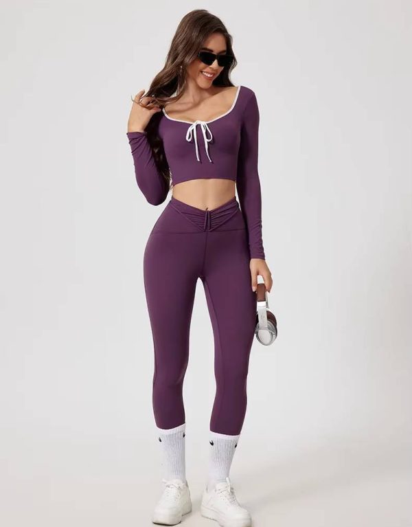 Casual High Waist Hip Raise Pants And Long-Sleeved Top Yoga Sets - Image 8