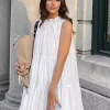 Casual Tiered Shift With Solid Color High Neck Sleeveless Mini Dress - Image 2