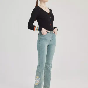 Elegant Bootcut Embroidery Solid Color Cropped Pants