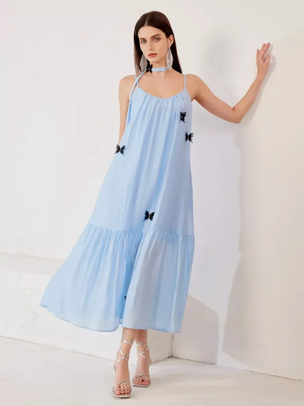 Elegant Butterfly Detail Slip Pleated Sleeveless Long Dress