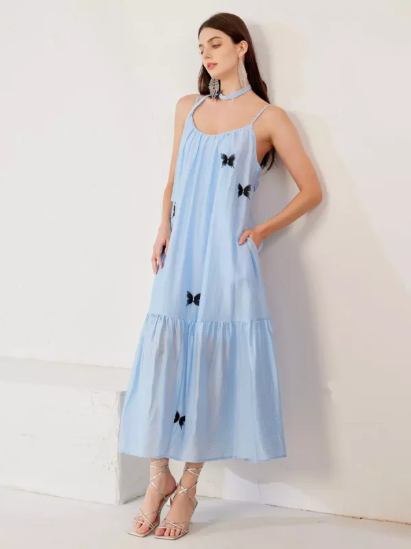 Elegant Butterfly Detail Slip Pleated Sleeveless Long Dress - Image 3