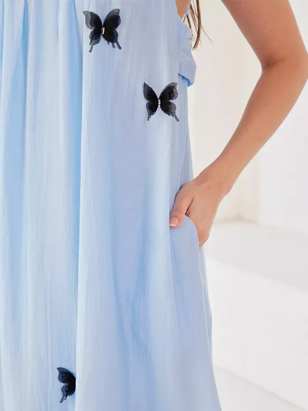 Elegant Butterfly Detail Slip Pleated Sleeveless Long Dress - Image 5