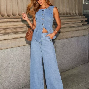 Elegant Button-up Vest And Straight Jeans Denim Two-Piece Set
