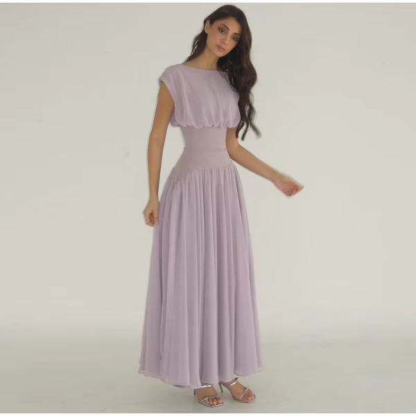 Elegant Chiffon O Neck Cap Sleeves Long Party A-Line Dresses Gowns - Image 3