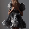 Elegant Classic Pleated Loose Print Fashion Square Collar Short Sleeve Mini Dresses - Image 4