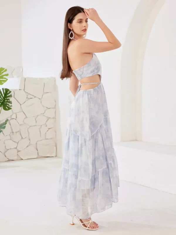 Elegant Cutout Waist Halter Polyester Neck Floral Long Dress - Image 5