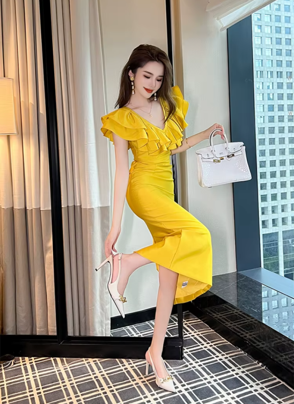 Elegant Fashion Chic Ruffle V-Neck Slim Midi Long Evening Dress - Image 2