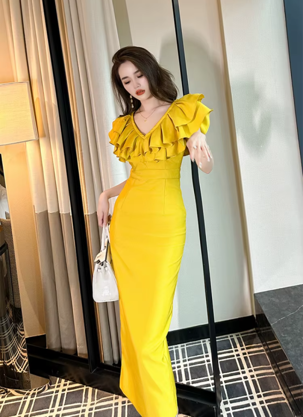 Elegant Fashion Chic Ruffle V-Neck Slim Midi Long Evening Dress - Image 9