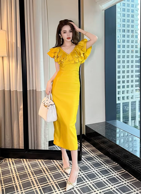 Elegant Fashion Chic Ruffle V-Neck Slim Midi Long Evening Dress - Image 8