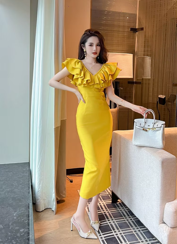 Elegant Fashion Chic Ruffle V-Neck Slim Midi Long Evening Dress - Image 7