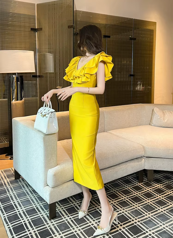 Elegant Fashion Chic Ruffle V-Neck Slim Midi Long Evening Dress - Image 5