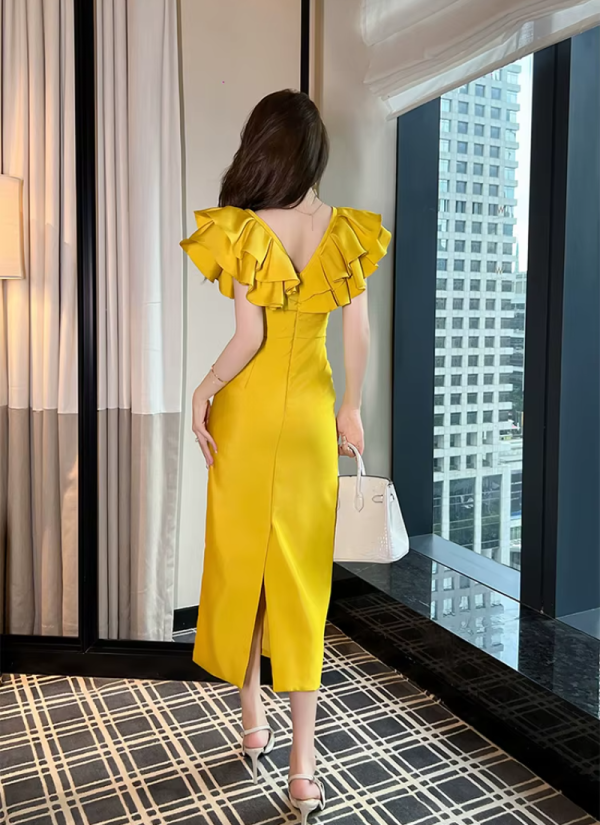 Elegant Fashion Chic Ruffle V-Neck Slim Midi Long Evening Dress - Image 4