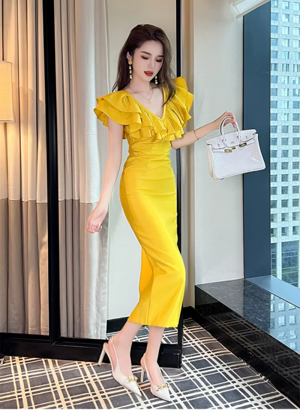 Elegant Fashion Chic Ruffle V-Neck Slim Midi Long Evening Dress - Image 3